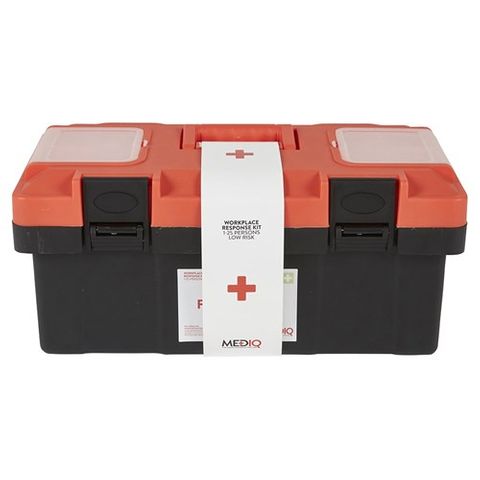 MEDIQ ESSENTIAL FIRST AID KIT WORKPLACE RESPONSE IN PLASTIC TACKLE BOX