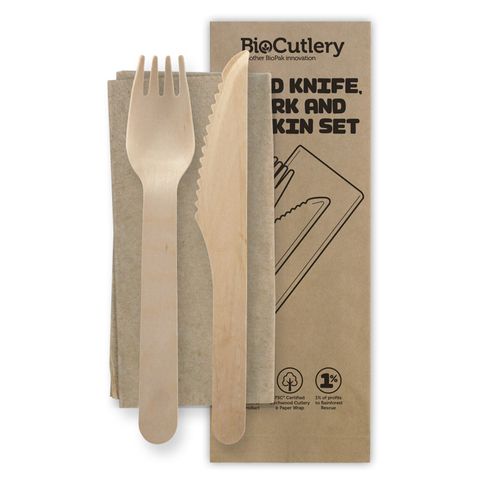 Biopak 16cm Wood Knife Fork & Napkin Set X400