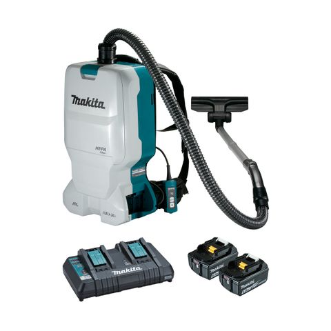 Makita 18Vx2 BRUSHLESS Backpack Vacuum Kit 6L Tank Capacity - Includes 2 x 6.0Ah Batteries Dual Port Rapid Charger