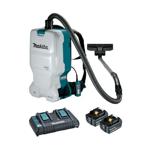 Makita 18Vx2 BRUSHLESS Backpack Vacuum Kit 6L Tank Capacity - Includes 2 x 5.0Ah Batteries Dual Port Rapid Charger