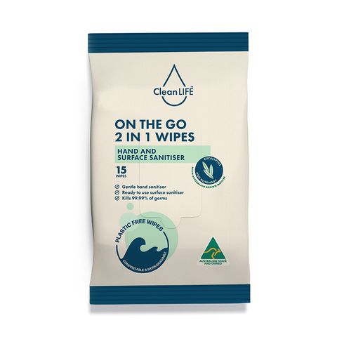 On The Go 2 in 1 Wipes  200mm x 140mm Soft Pack  of 15 Wipes