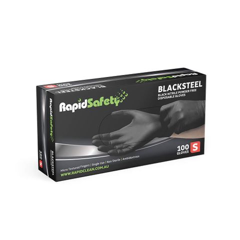Rapid Safety Blacksteel - Nitrile Black Powder Free Disposable Gloves- Small x 100