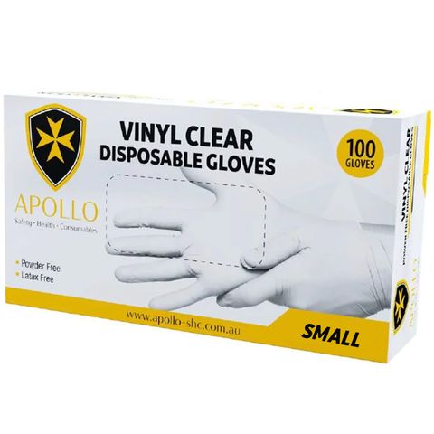 APOLLO Vinyl Clear Powder Free Examination Gloves - Small x 100
