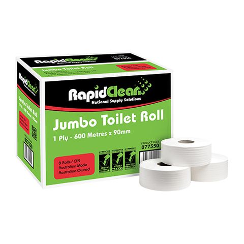 RapidClean 1Ply 600M Jumbo Toilet Roll X8