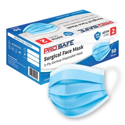 Austar Packaging 3 Ply Surgical Mask Blue Level 2 W/Ear Loops TGA Listed  (Pack 50)