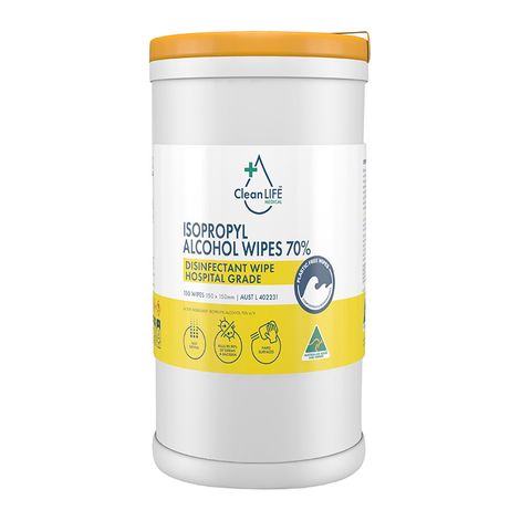 CleanLife Isopropyl Alcohol Wipes 70% Canister 150 wipes 150 x 150mm