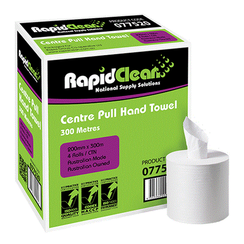RAPIDCLEAN CENTRE PULL HAND TOWEL - 4 Rolls per box - 1600 sheets