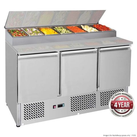 THERMASTER 3 DOOR SALAD PREP TOP FRIDGE - TAKES 7 X 1/3 SIZE GN PAN - 150MM DEEP ( GNS1300D ) - EACH ( SPECIAL ORDER FREIGHT APPLIES )
