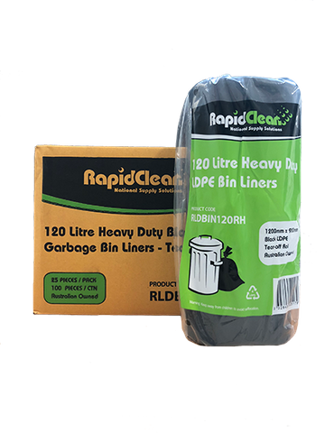 RAPID CLEAN 120L BLACK HEAVY DUTY BIN LINERS ON A ROLL - R-LDBIN120RH - 100 - CTN