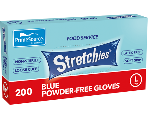 PRIME SOURCE BLUE STRETCHIES GLOVES - LARGE - POWDER FREE - 2000 - CTN