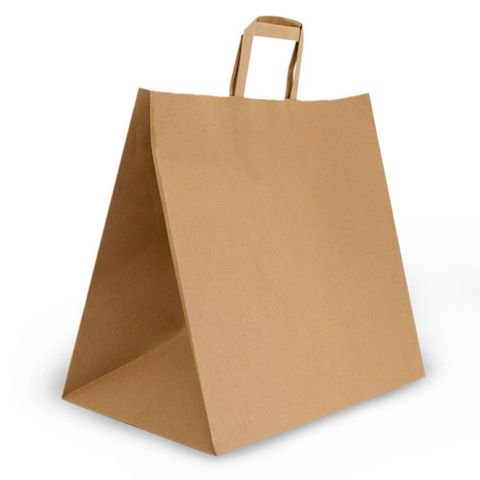 FUTURE FRIENDLY BROWN KRAFT JUMBO 370 (L) X 350 (W ) + 230MM (G) ( 100GSM ) FLAT HANDLED CARRY BAG - 50 - PKT