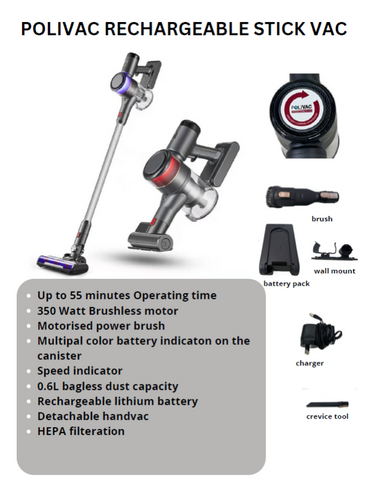 POLIVAC STICK VACUUM CLEANER - RECHARGEABLE LITHIUM BATTERY - LY002 - EACH