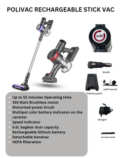 POLIVAC STICK VACUUM CLEANER - RECHARGEABLE LITHIUM BATTERY - LY002 - EACH