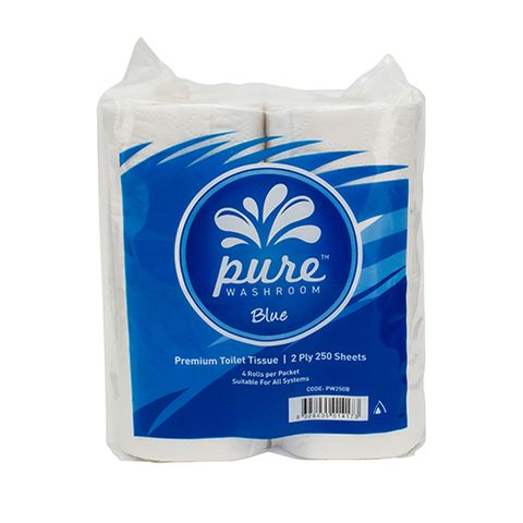 PURE WASHROOM BLUE TOILET PAPER 2PLY 250 SHEET ( 12 PACKS X 4 ROLLS ) - PW250B - 48 ROLLS - BALE