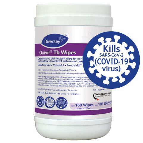 DIVERSEY OXIVIR TB WIPES - CLEANING & DISINFECTANT WIPES - TGA REGISTERED - 101104557 - 160 WIPES / TUB - 12 - CTN