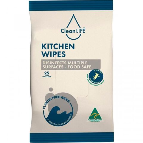 CLEANLIFE KITCHEN WIPES - DISINFECTS MULTIPLE SURFACES - FOOD SAFE - PLASTIC FREE - CLS00063 - 25 WIPES X 9 PACKS - CTN