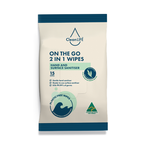 CLEANLIFE ON THE GO 2 IN 1 WIPES - HAND AND SURFACE SANITISER - PLASTIC FREE & FLUSHABLE - CLS00071 - 15 WIPES X 18 PACKS - CTN