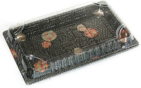SUSHI TRAY WITH CLEAR LID - BLACK SAKURA PRINT - 165mm x 115mm x45mm - ST1L-B - 400 - CTN