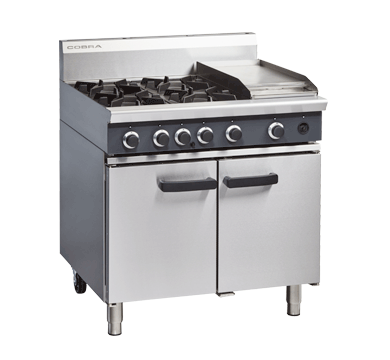 COBRA LPG / PROPANE GAS RANGE STATIC OVEN 900MM WITH 4 BURNER COOK TOP + 300MM SMOOTH GRIDDLE PLATE ( CR9C ) - CE214-P - EACH