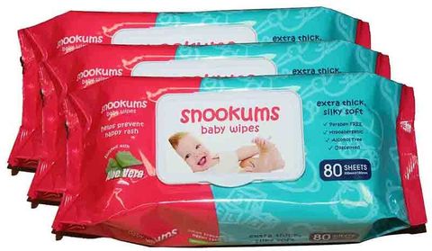 SNOOKUMS BABY WIPES - UNSCENTED SILKY SOFT - POP-UP DISPENSING - SNW80NC - 80 WIPES X 12 PACKS - CTN