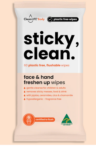 CLEANLIFE STICKY CLEAN - FACE & HAND FRESHEN UP WIPES - PLASTIC FREE & FLUSHABLE - CLS00093 - 60 WIPES X 6 PACKS - CTN