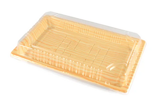 SUSHI TRAY WITH CLEAR LID - WOODEN PRINT - 165mm x 115mm x45mm - ST1L-D - 100 - SLV