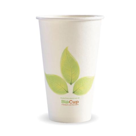 BIOCUP Single Wall CUP - 16oz (90mm) - White with Leaf Print - 1000 - ( BC-16 ) - CTN
