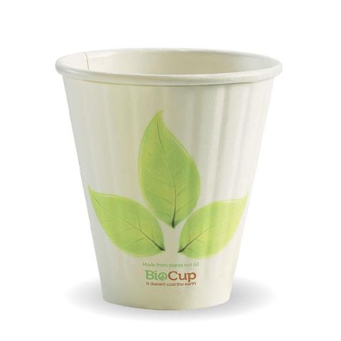 BIOCUP Double Wall CUP - 8oz (90mm) - White with Leaf Print - 1000 - ( BC-8DW(90) ) - CTN