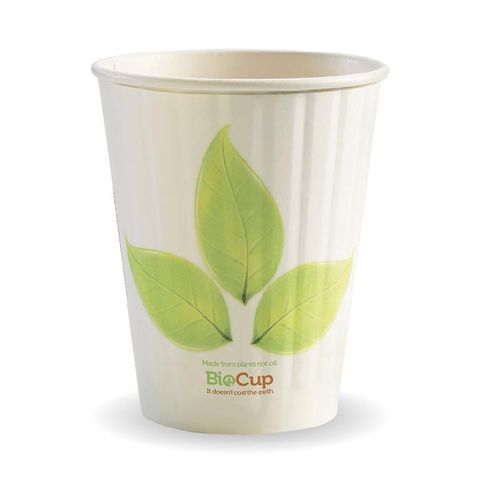 BIOCUP Double Wall CUP - 12oz (90mm) - White with Leaf Print - 1000 - ( BC-12DW ) - CTN