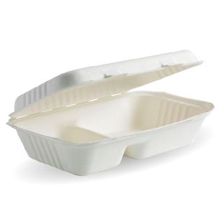 BIOPAK 9x6x3 Inch 2 - compartment BIOCANE CLAMSHELL - white - 250 - ( B-HL-96-2 ) - CTN