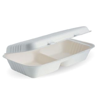 BIOPAK 11x6x3 Inch 2 equal compartment BIOCANE CLAMSHELL - white - 100 - ( B-HL-1156-2 ) - CTN