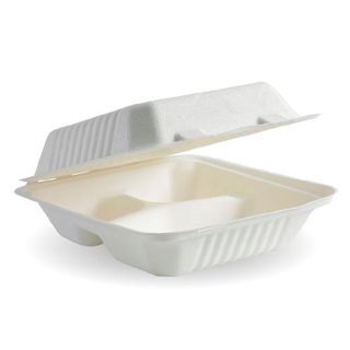 BIOPAK 7.8x8x3 Inch 3 - compartment BIOCANE CLAMSHELL - white - 200 - ( B-DHL-83 ) - CTN