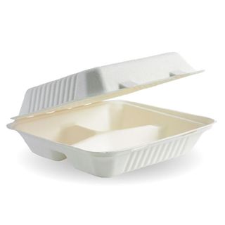 BIOPAK 9x9x3 Inch 3 - compartment BIOCANE CLAMSHELL - white - 200 - ( B-HL-93 ) - CTN