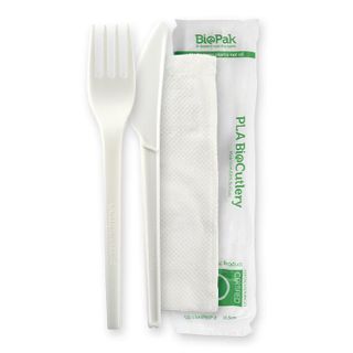 BIOPAK 6.5 Inch Knife, Fork & Napkin set - white - BioPak branded wrap - 250 - ( GD-6.5AKFN-B ) - CTN