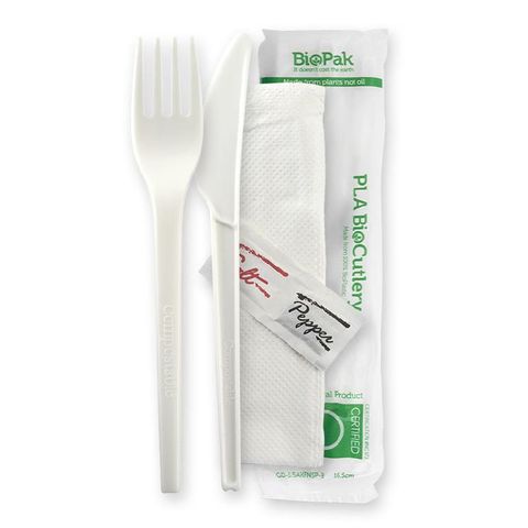 BIOPAK 6.5 Inch Knife, Fork, Napkin, Salt & Pepper set - white - BioPak branded wrap - 250 - ( GD-6.5AKFNSP-B ) - CTN
