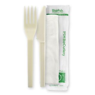 BIOPAK 6 Inch Knife, Fork & Napkin set - natural white - BioPak branded wrap - 250 - ( GD-6KFN-B ) - CTN