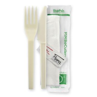 BIOPAK 6 Inch Knife, Fork, Napkin, Salt & Pepper set - natural white - BioPak branded wrap - 250 - ( GD-6KFNSP-B ) - CTN