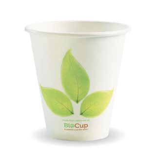 BIOCUP Single Wall CUP - 8oz (90mm) - White with Leaf Print - 50 - ( BC-8(90) ) - SLV