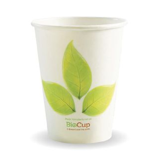 BIOCUP Single Wall CUP - 12oz (90mm) - White with Leaf Print - 50 - ( BC-12 ) - SLV