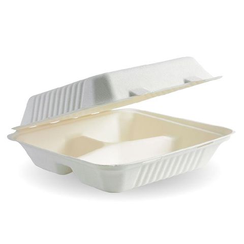 BIOPAK 9x9x3 Inch 3 Compartment BIOCANE CLAMSHELL - white - 100 - ( B-HL-93 ) - SLV