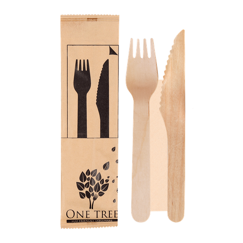 ONE TREE - WOODEN CUTLERY SET FORK / KNIFE / NAPKIN SET - 400 -CTN