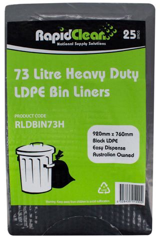 RAPID CLEAN 73L LDPE BLACK HEAVY DUTY BIN LINERS -25- SLV