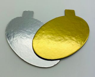 CAKE SINGLE SERVE TAB FOILED BASES - OVAL SILVER & GOLD - 100MM X 65MM - 1000 -