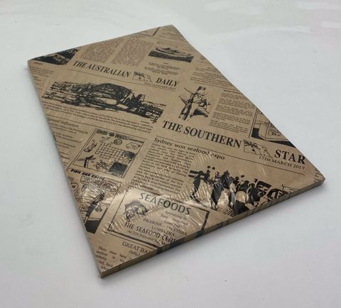 BROWN 'AUSTRALIAN DAILY NEWS PRINT' PRINT GREASE PROOF PAPER - 200 X 300MM ( 1/4 CUT ) - 200 - PACK