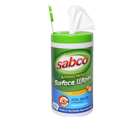 SABCO ANTIBACTERIAL SURFACE CLEANING WIPES - 100 WIPES / CANISTER