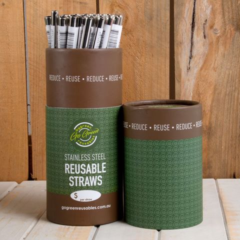 GO GREEN REUSABLE STAINLESS STEEL STRAW 8MM X 215MM - 50 - TUB PACK