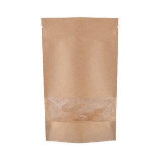 BROWN PAPER STAND UP POUCH WITH ZIP LOCK & FULL RECTANGULAR WINDOW, 150G 130X210MMX80MM - 1000 - CTN