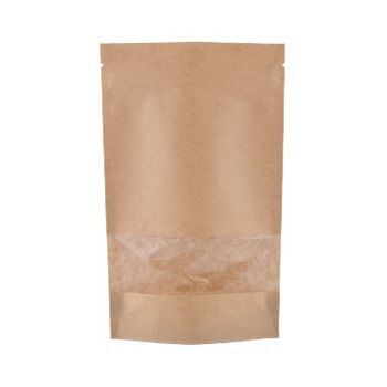 KRAFT PAPER STAND UP POUCH WITH ZIP LOCK & FULL RECTANGULAR WINDOW, 250G 160X230MMX90MM - 500 - CTN