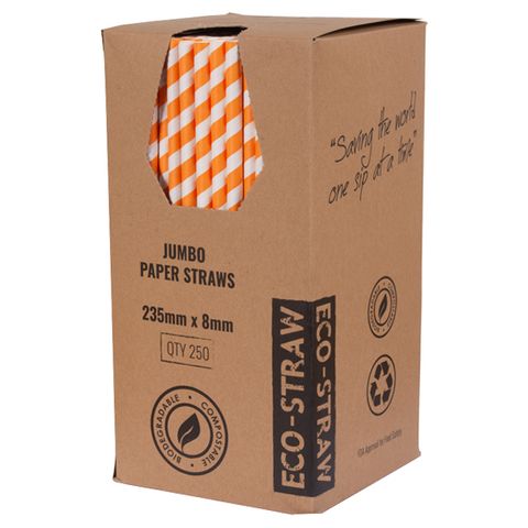 ECO-STRAW ORANGE AND WHITE 3 PLY JUMBO PAPER STRAWS - 235MM X 8MM - 250 - PKT