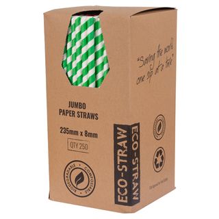 ECO-STRAW GREEN STRIPE 3 PLY JUMBO PAPER STRAWS - 235MM X 8MM - 250 - PKT